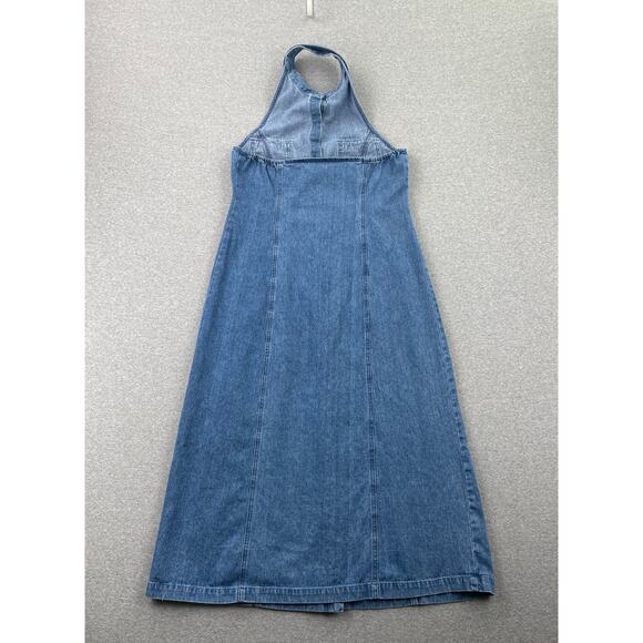 y2k 90s Vintage Denim Halter Midi Dress Size 8P Blue Button-Up Sleeveless Collar - Picture 4 of 15